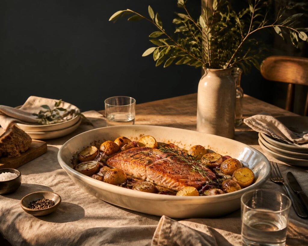 Saumon au four avec pommes de terre, oignon et échalote dans un plat en céramique