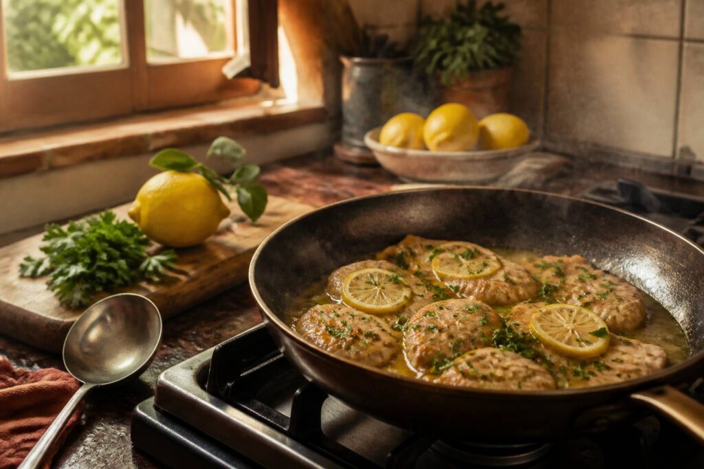 Scaloppine al limone dorate in padella con prezzemolo