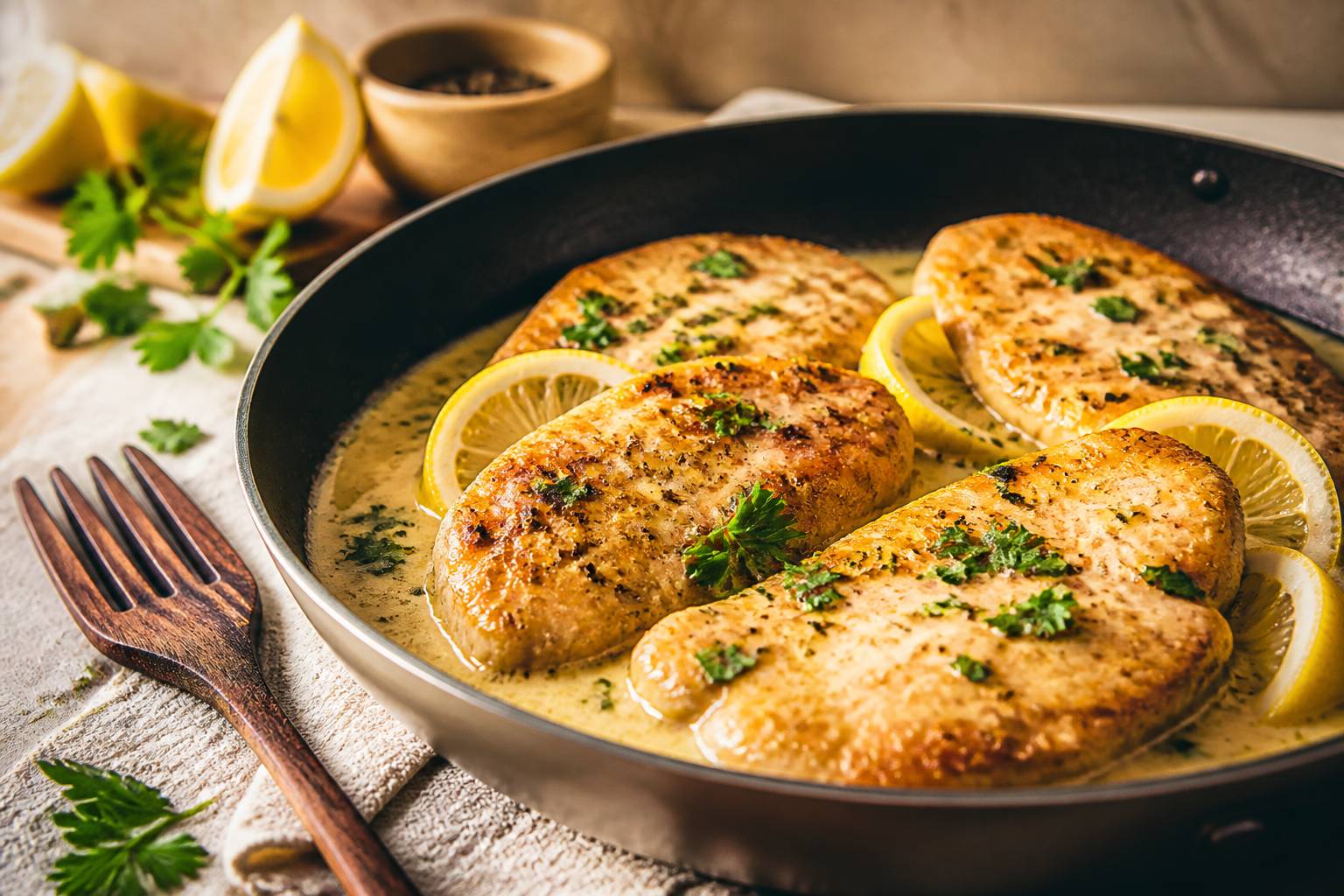 Scaloppine con salsa al limone e prezzemolo fresco