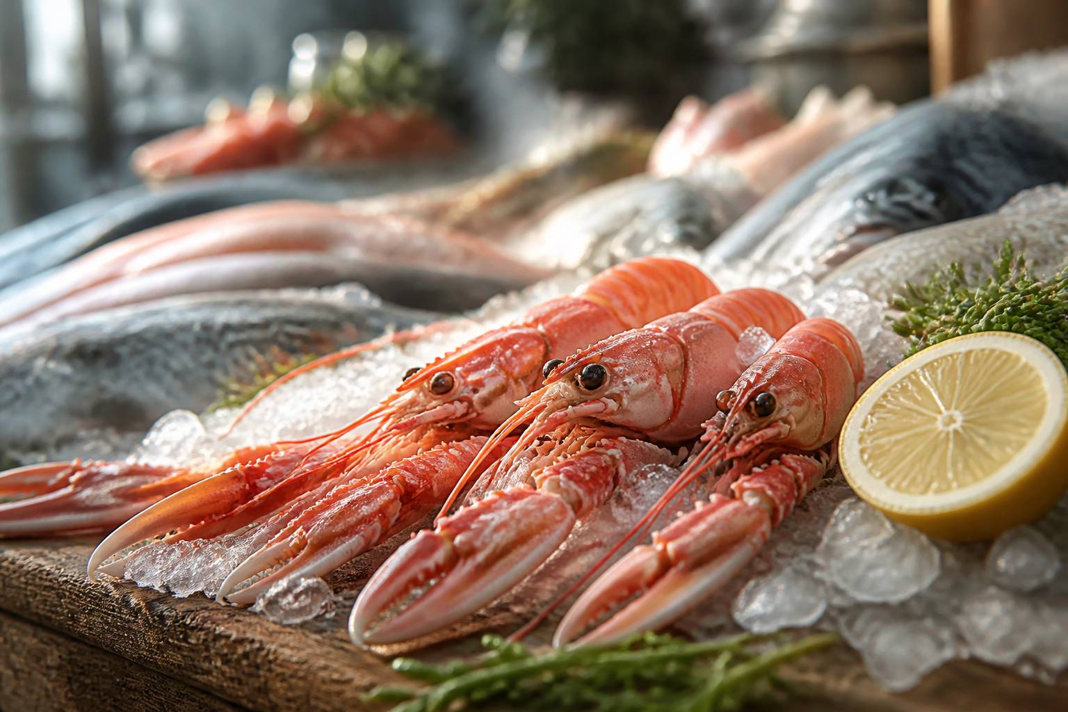 Gros plan sur des langoustines fraîches avec carapace rosée et citron sur un étal