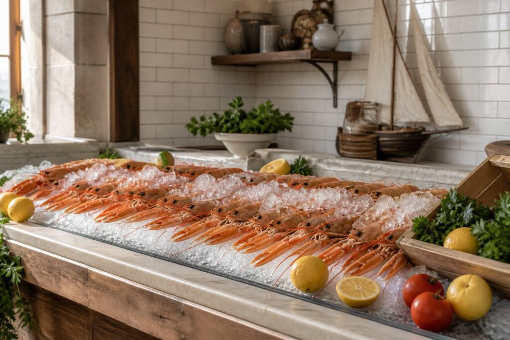 Langoustines fraîches rosées alignées sur un lit de glace sur un étal de poissonnerie