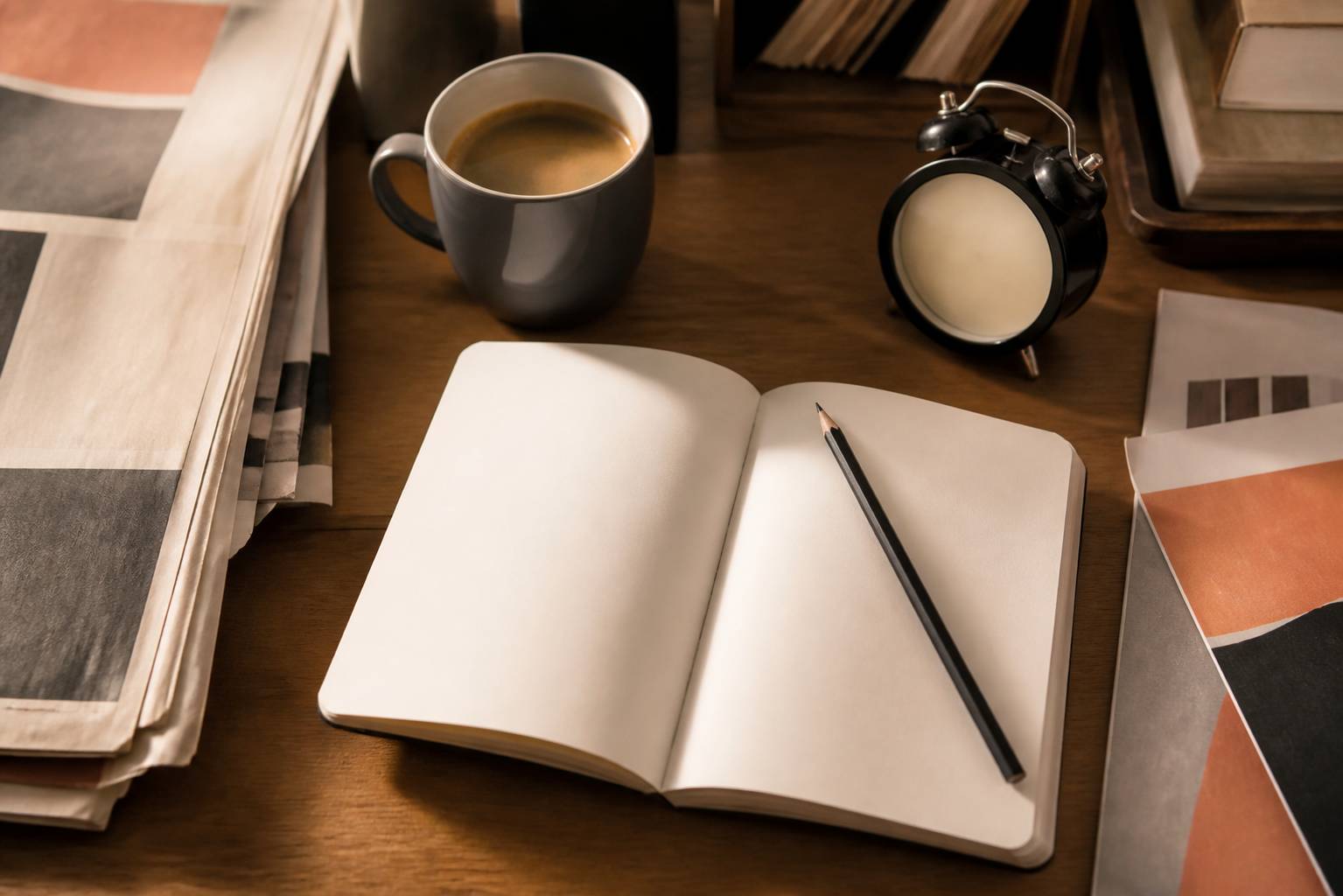 Bureau avec carnet, crayon et tasse de café