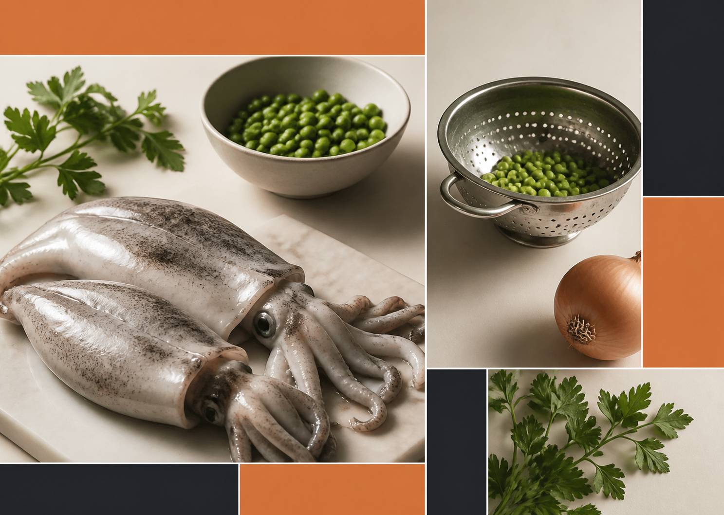 Seiches fraîches entières et petits pois disposés sur un plan de travail de cuisine