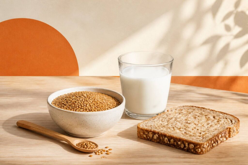 Bol de graines de lin dorées avec pain complet et lait sur table en bois