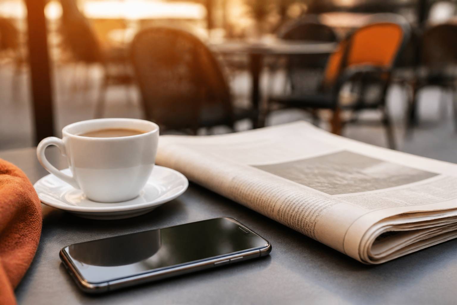 Smartphone et journal plié posés sur une table de café