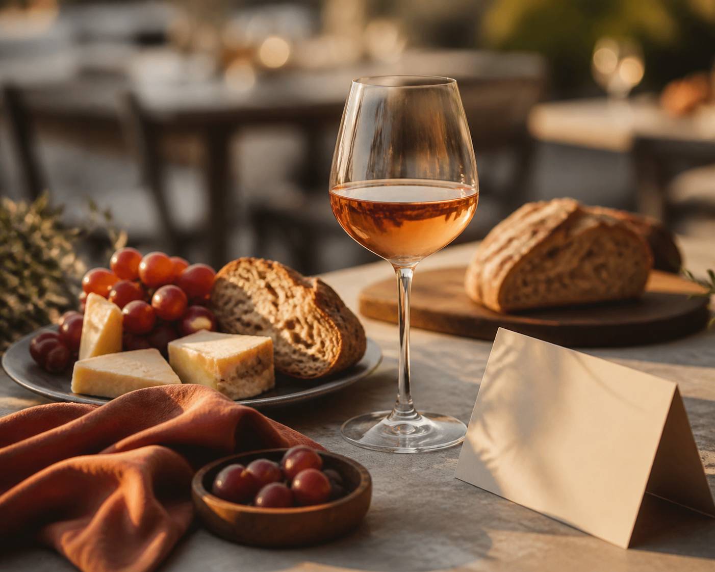 Table de dégustation avec vin, pain, fromage et raisins