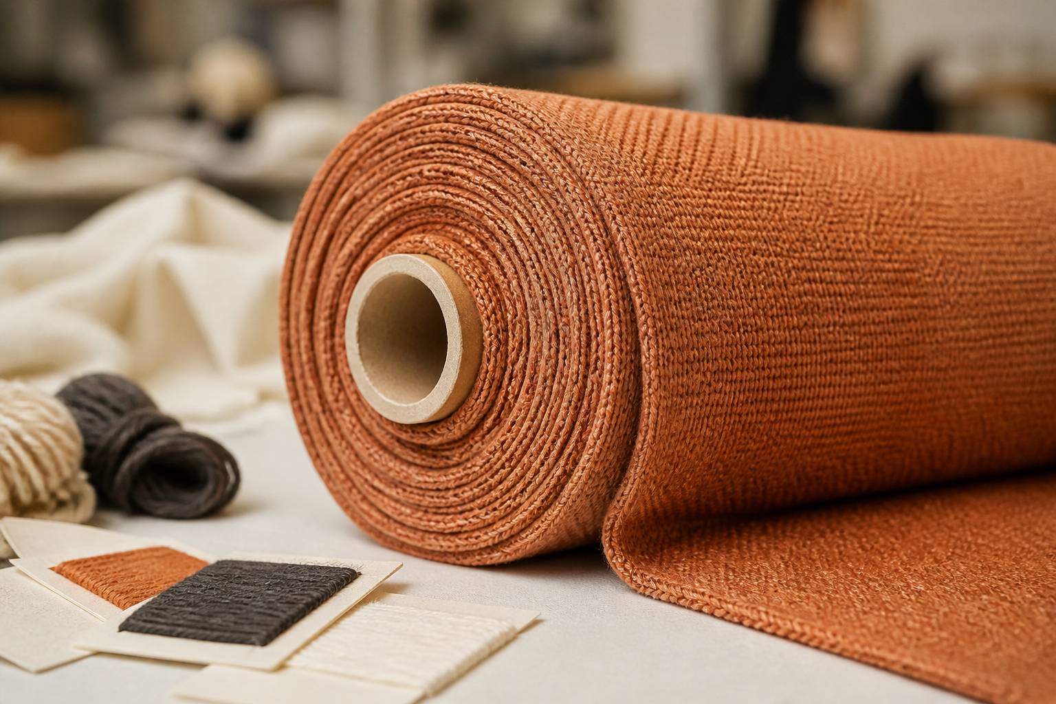 Tissu en maille régénérée enroulé avec échantillons de laine