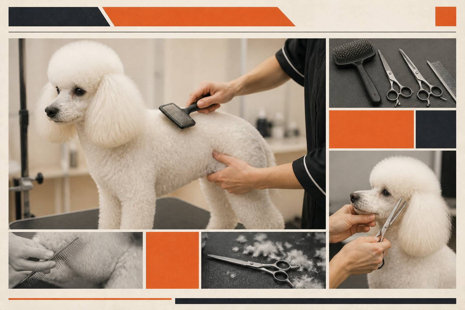 Mains d'un toiletteur brossant le pelage frisé d'un caniche blanc