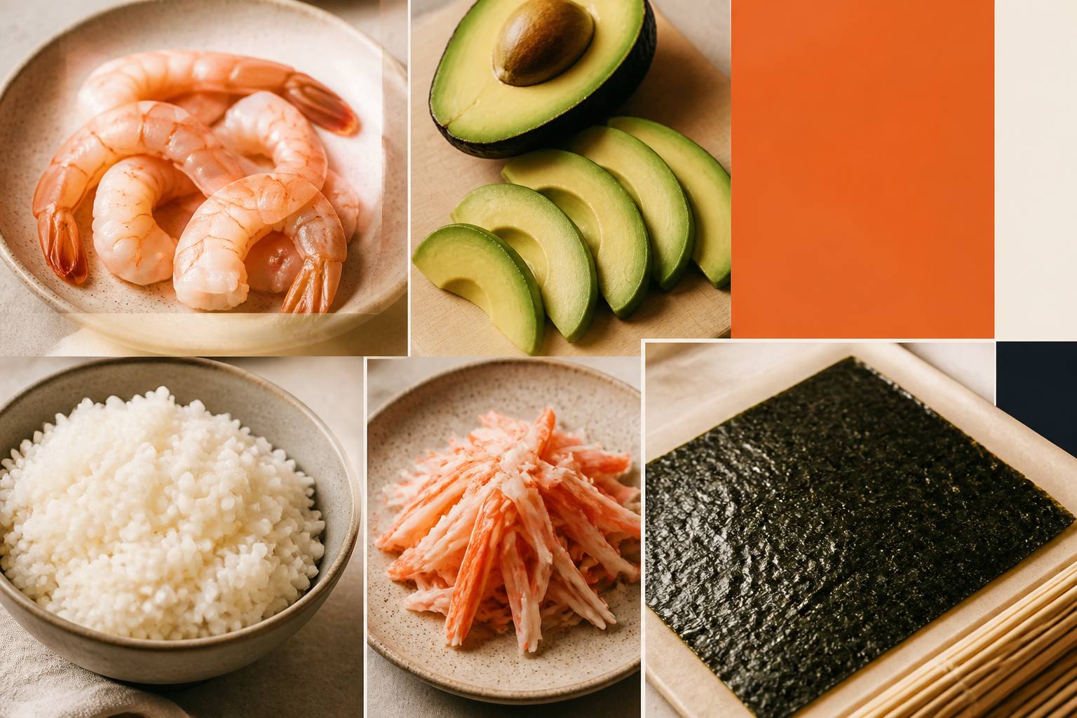 Ingrédients frais d'uramaki : crevettes, avocat et riz à sushi