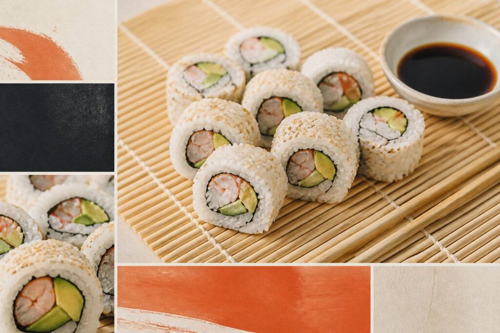 Rouleaux d'uramaki au sésame avec avocat, crevette et crabe