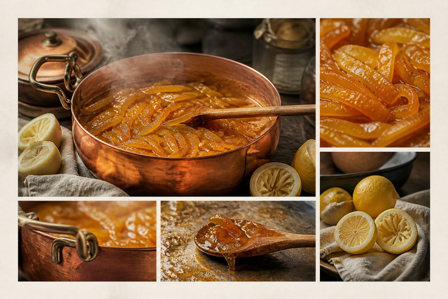 Zestes de citron confits mijotant dans une bassine en cuivre avec du sucre