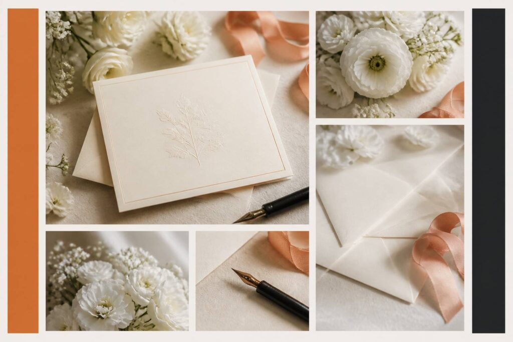 Carte de vœux de mariage élégante avec enveloppes et fleurs blanches