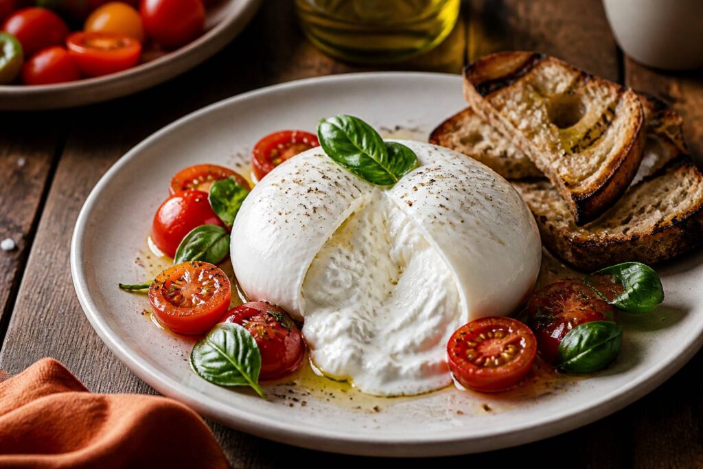 Burrata fraîche crémeuse à la stracciatella avec tomates cerises, basilic et pain grillé