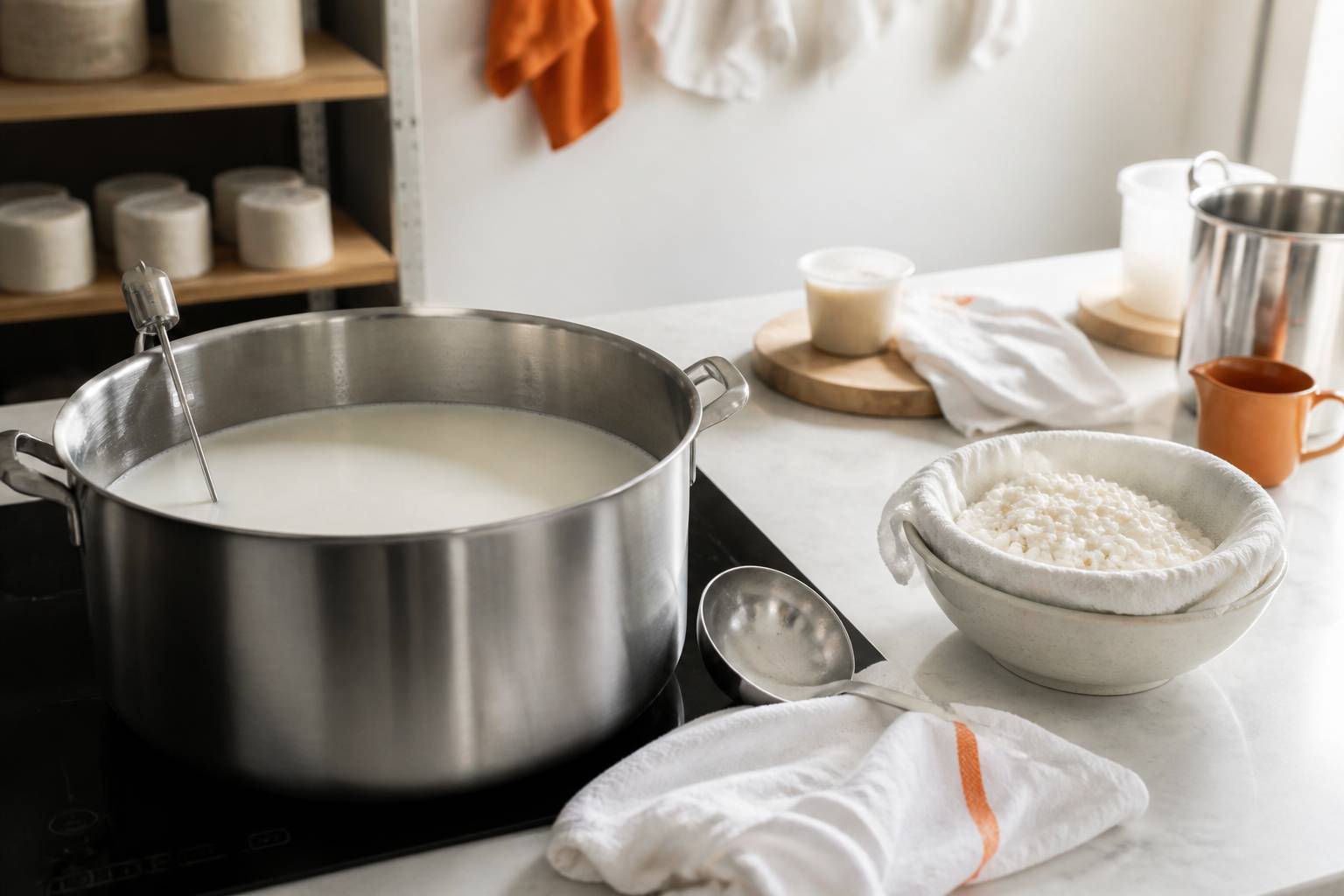 Préparation de burrata maison avec casserole de lait, thermomètre et caillé sur le plan de travail