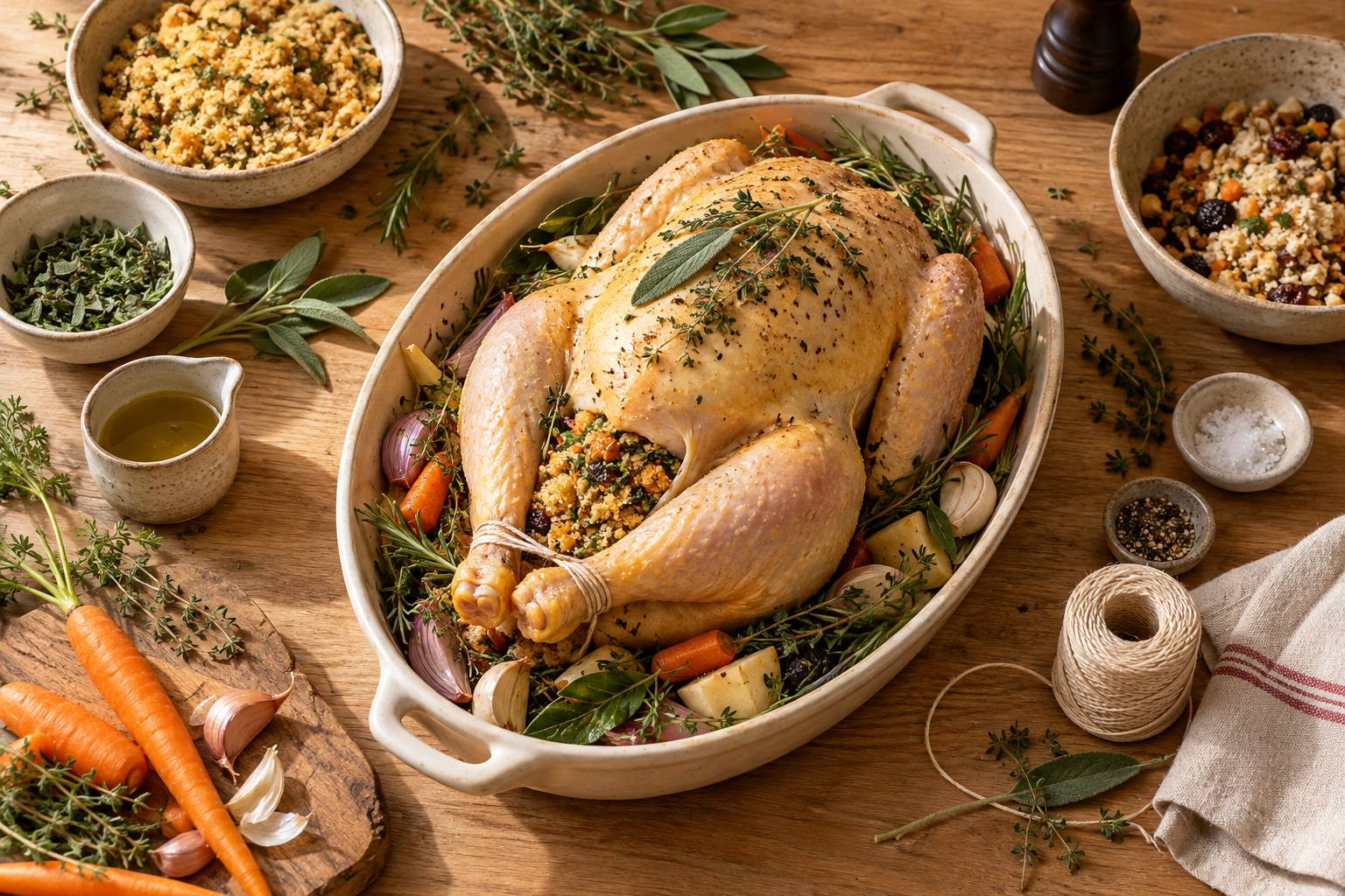 Preparation d'un capon farci avec herbes fraiches sur un plan de travail