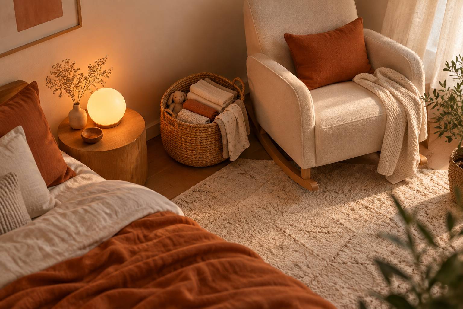 Veilleuse ronde et linge plie dans un coin de chambre preparee pour un bebe