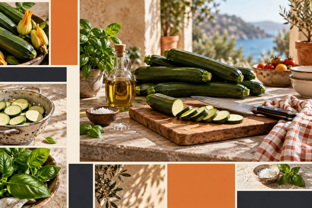 Courgettes vertes fraîches et rondelles coupées sur une planche en bois