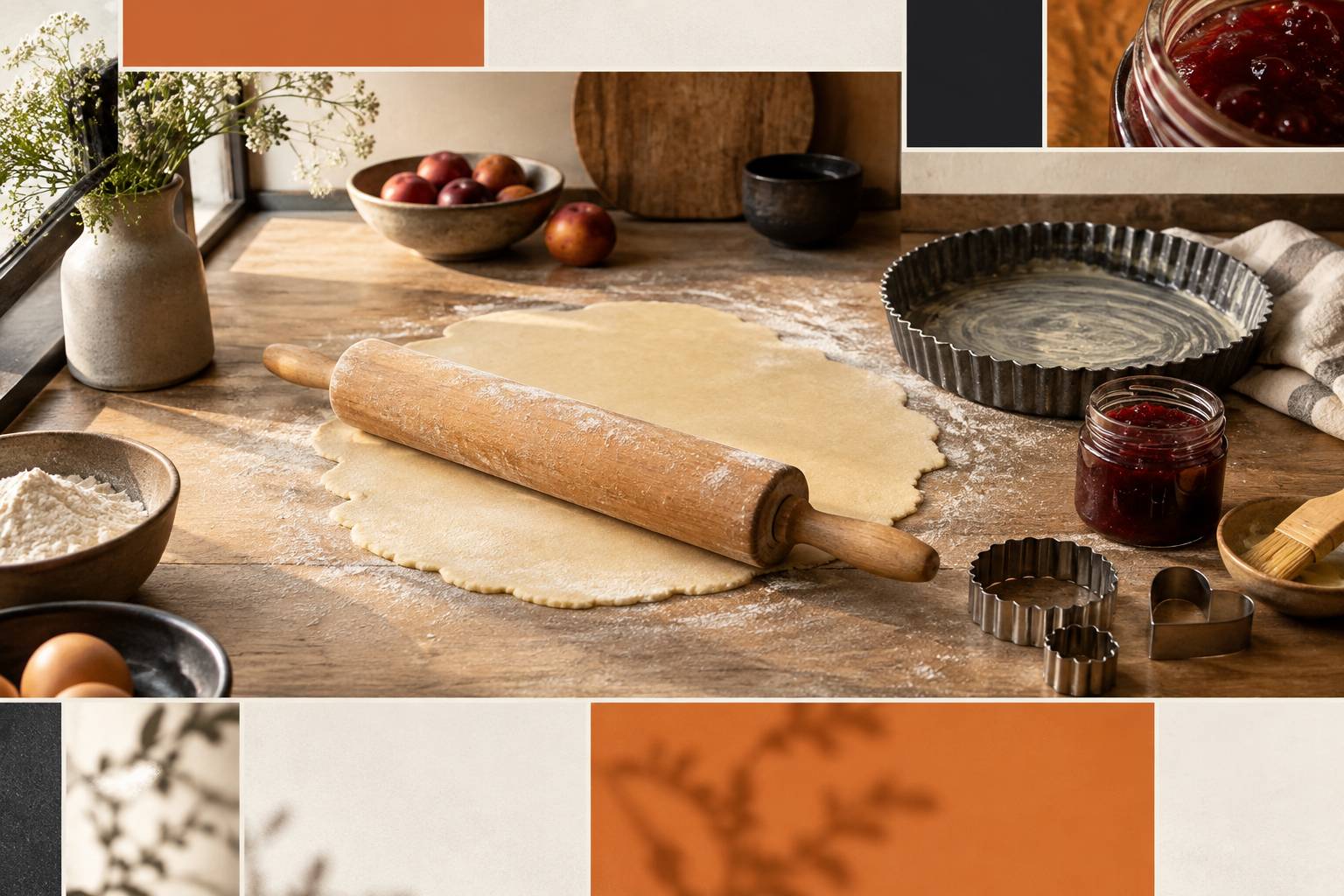 Pâte brisée abaissée, pot de confiture et moule à tarte sur un plan de travail
