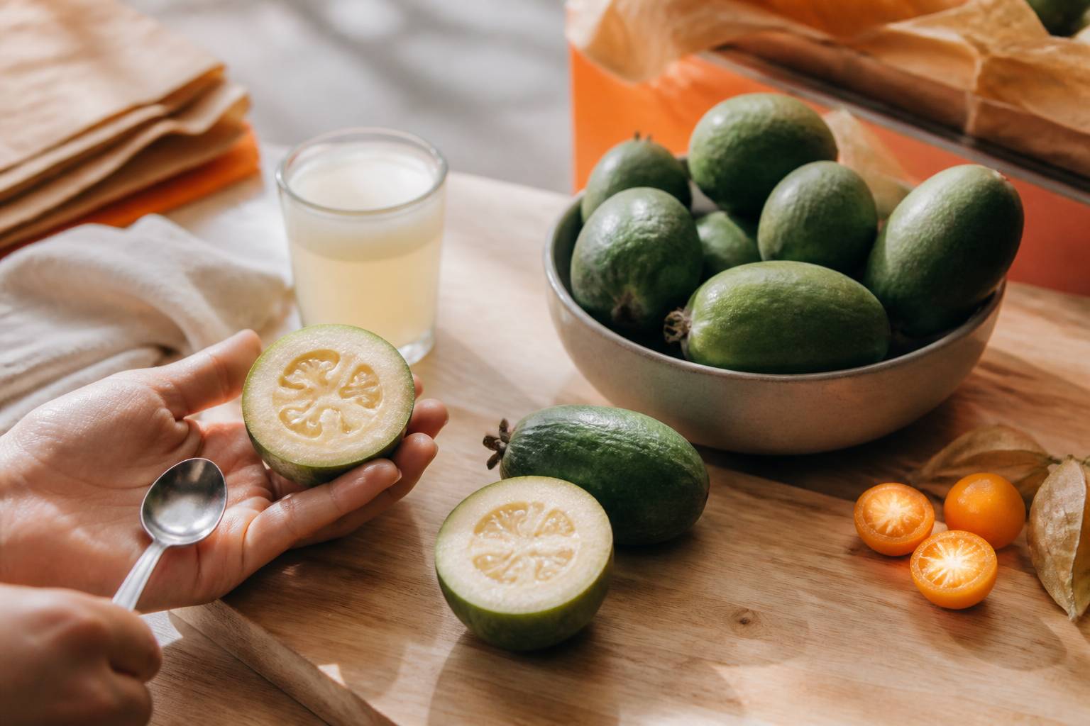 Feijoa coupé dégusté à la petite cuillère sur une table en bois clair