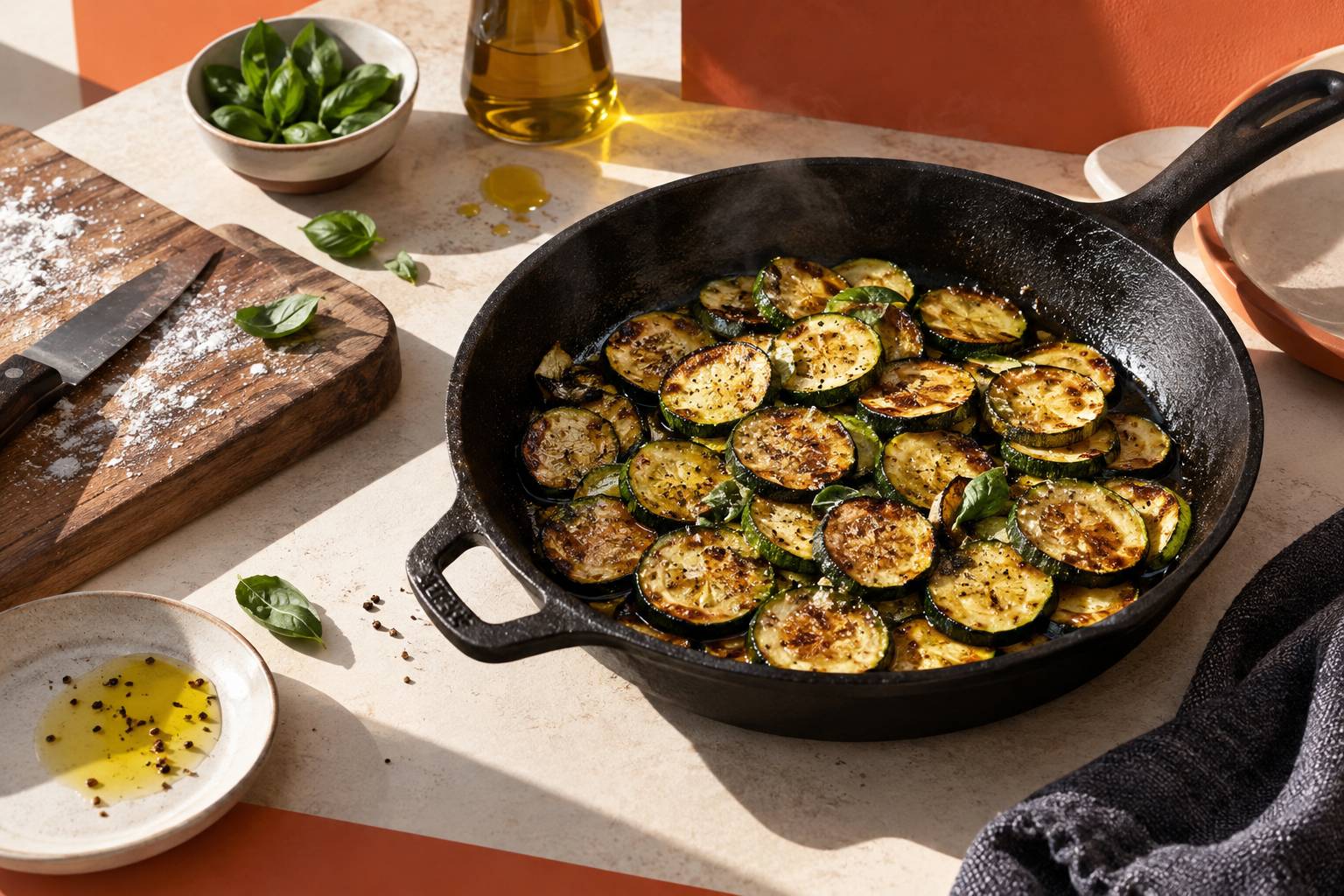 Détail de rondelles de courgettes dorées à la poêle avec du basilic