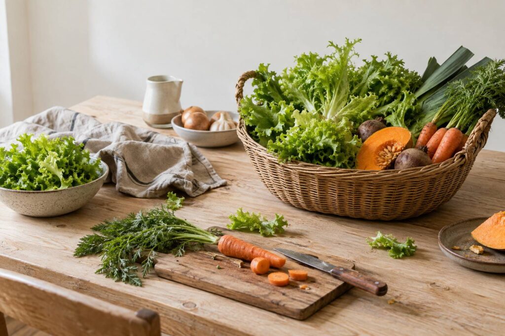 Panier de salades frisées sur une table de cuisine