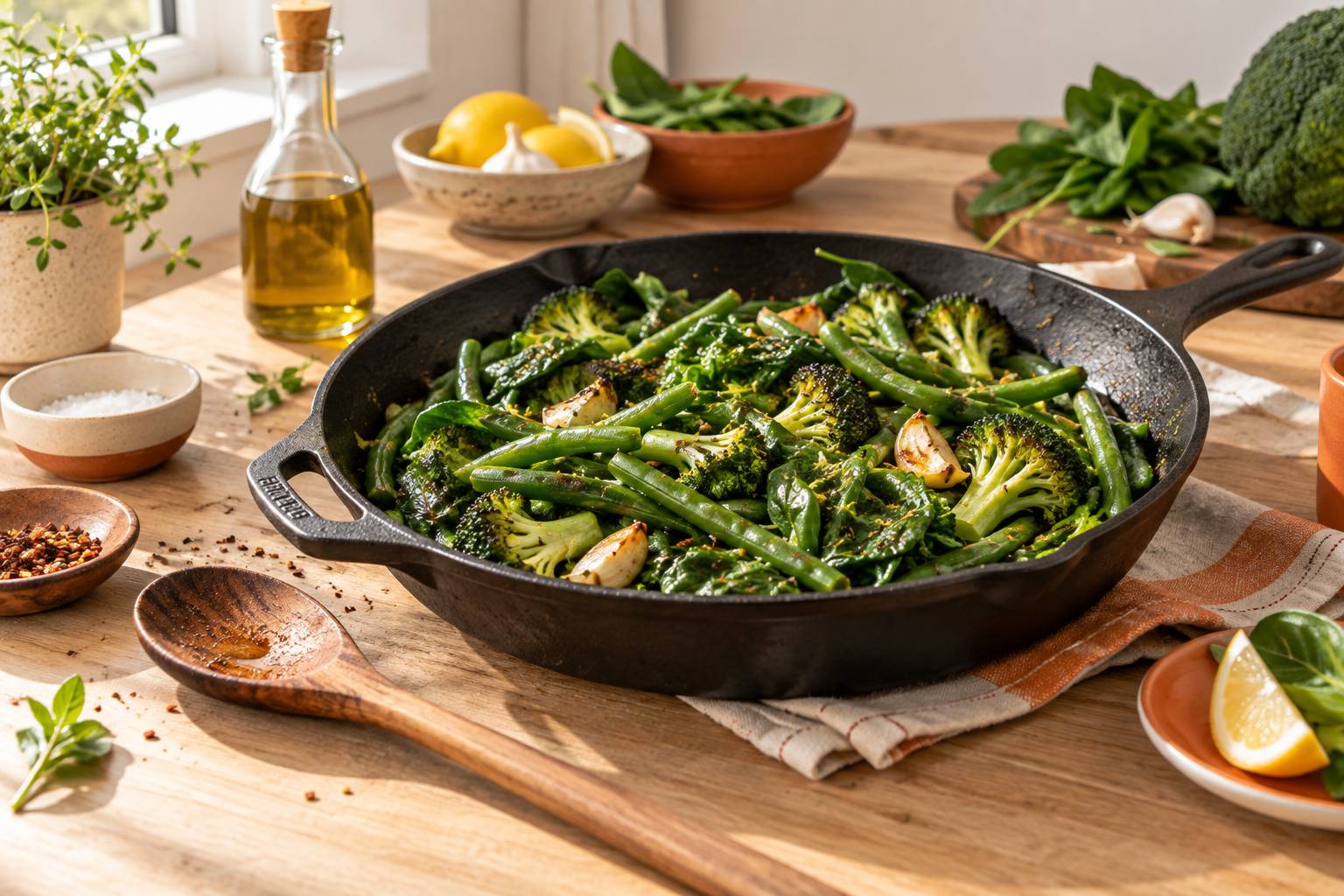 Légumes verts poêlés avec huile d'olive et ail