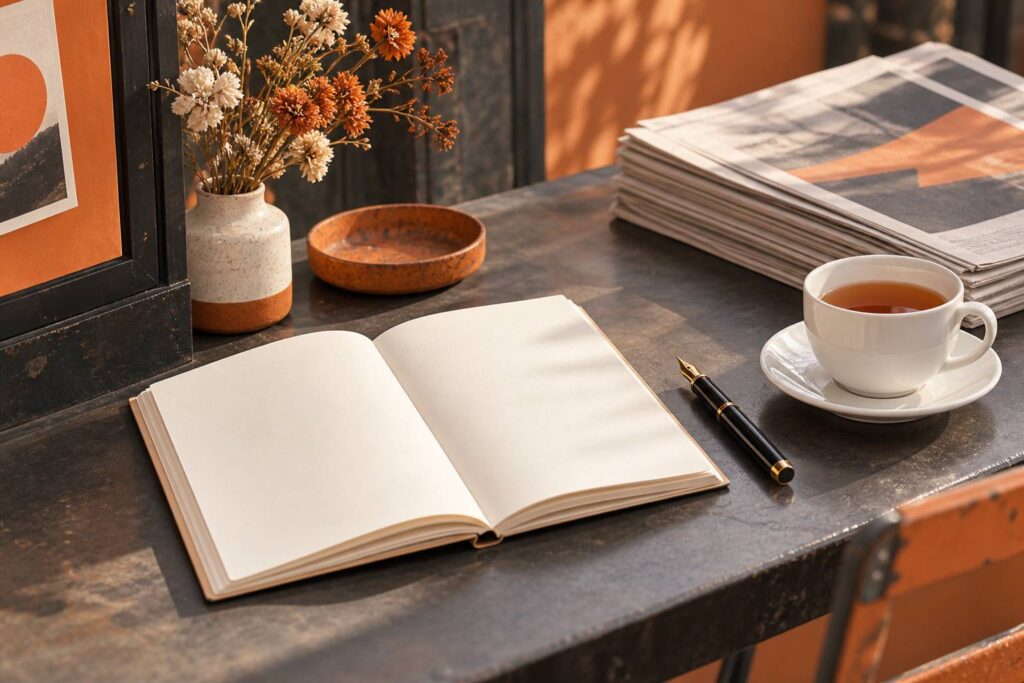 Carnet ouvert et stylo plume avec fleurs séchées pour écrire des citations