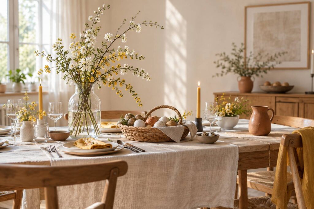 Table de fete de printemps avec panier d'oeufs decores et rameaux fleuris