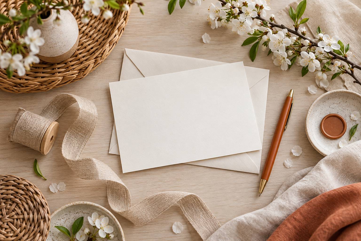 Carte decorative neutre et ruban poses sur un bureau clair avec branche fleurie