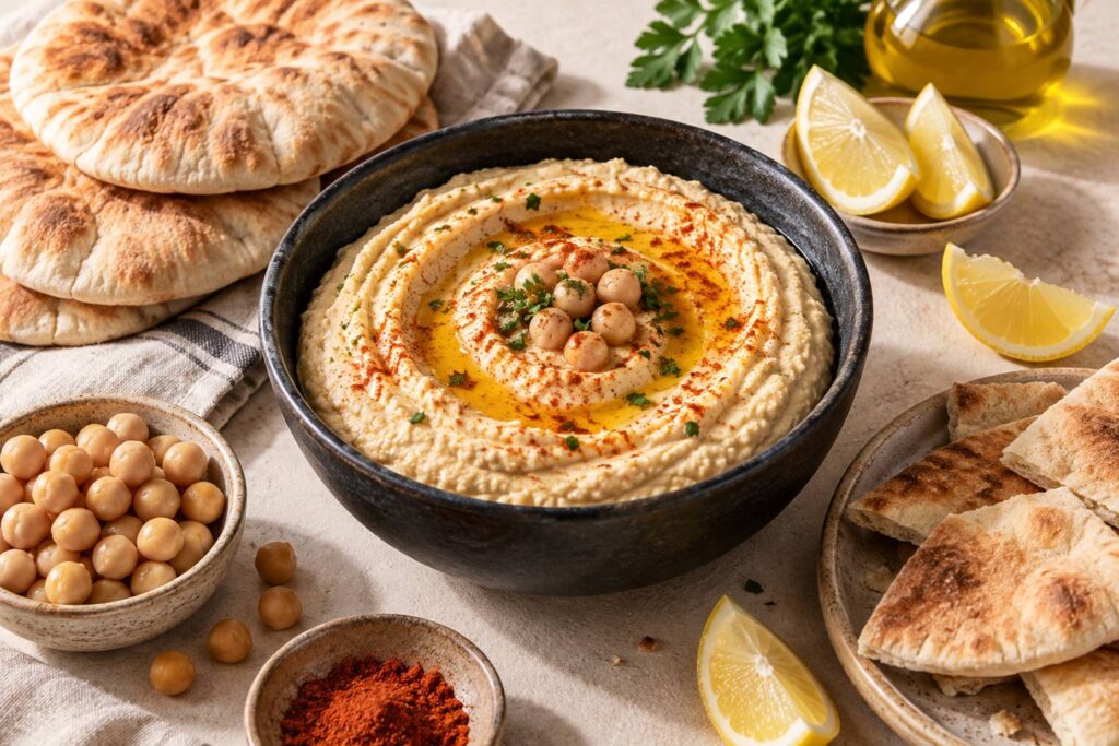 Bol de hummus crémeux à l'huile d'olive avec pain pita et citron