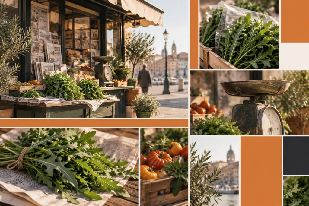 Illustration éditoriale du sujet : Il Magico Mondo della Rucola: Pianta, Benefici e Usi in Cucina