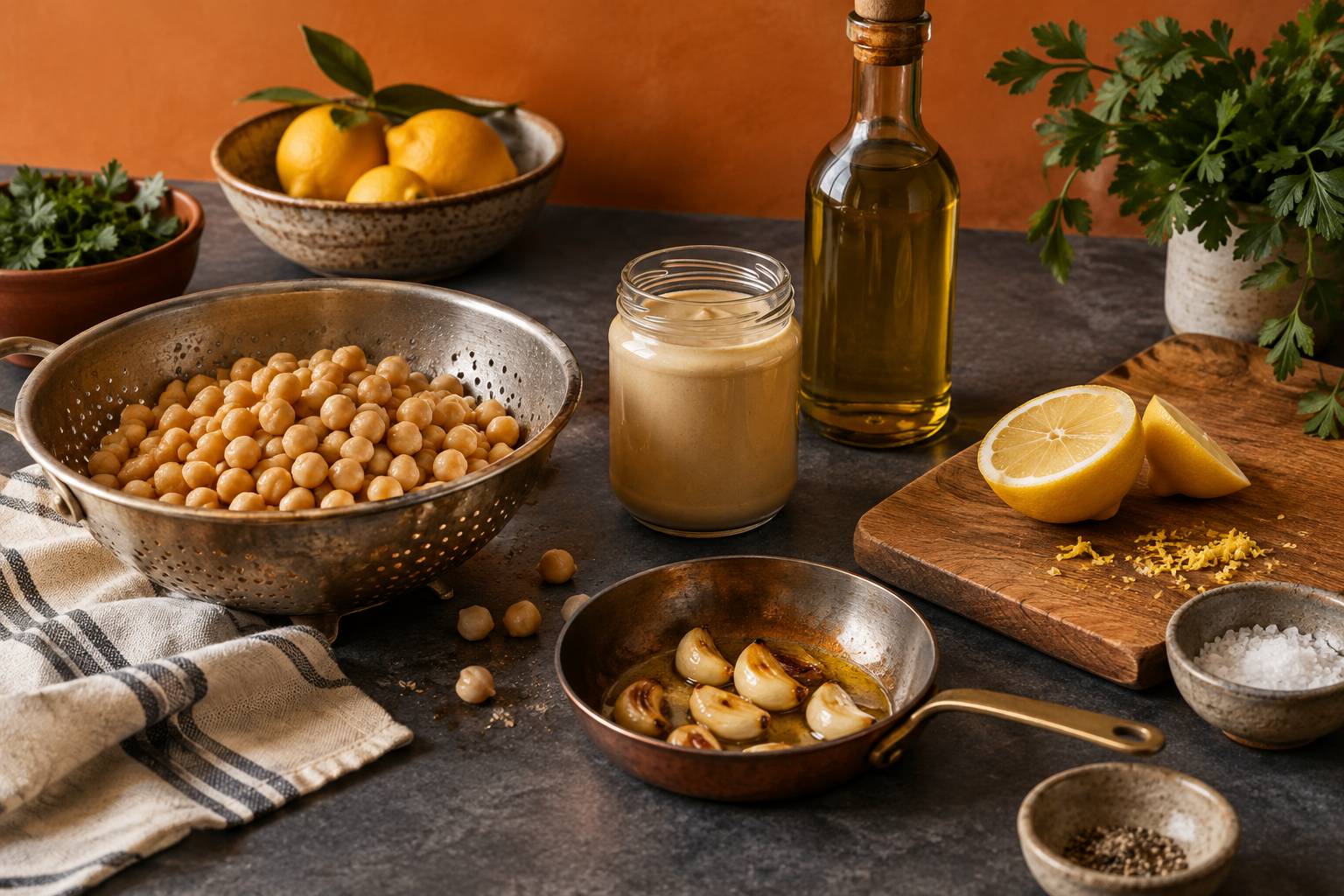 Ingrédients du hummus : pois chiches, ail doré, tahina et citron
