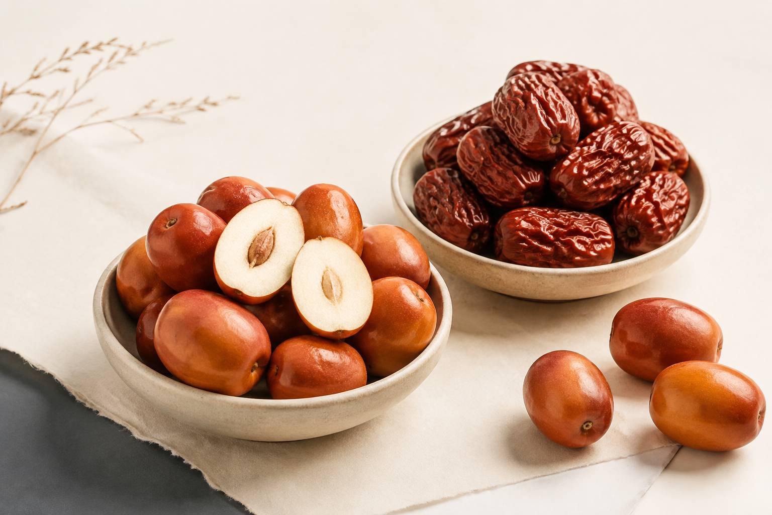 Jujubes frais et séchés en coupelles de céramique, gros plan sur les textures