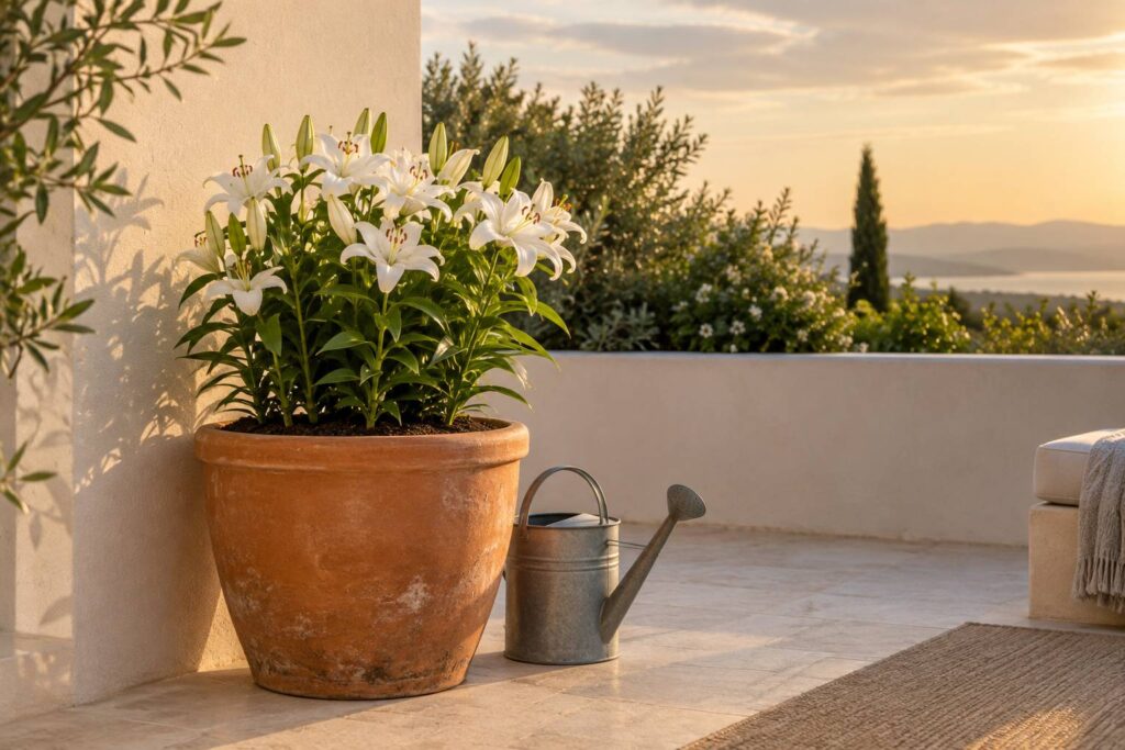 Pot profond en terre cuite avec lis en floraison sur une terrasse claire