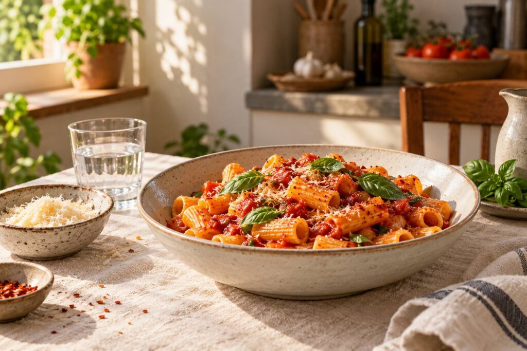 Bol de pates arrabbiata a la sauce tomate et au piment avec basilic