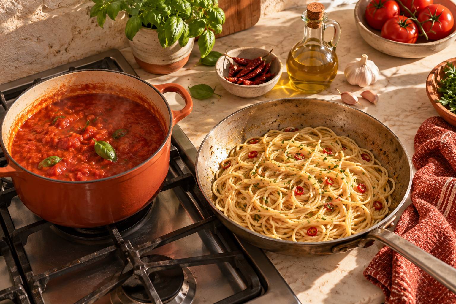 Casserole de sauce tomate et poelee de pates pimentees en cuisine
