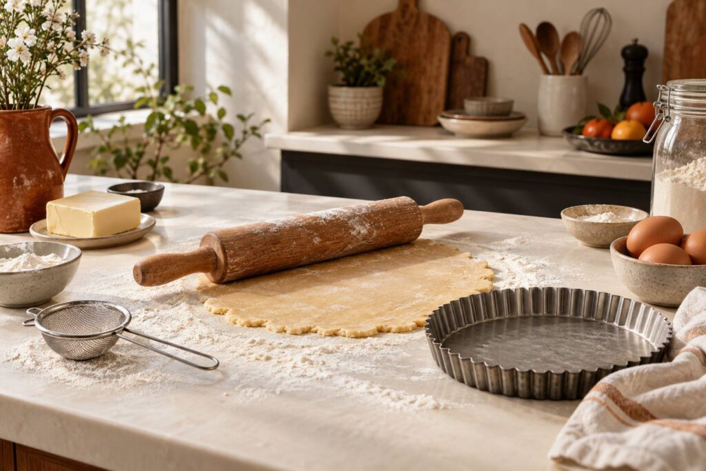 Pate sablee abaissee au rouleau pres d'un cercle a tarte