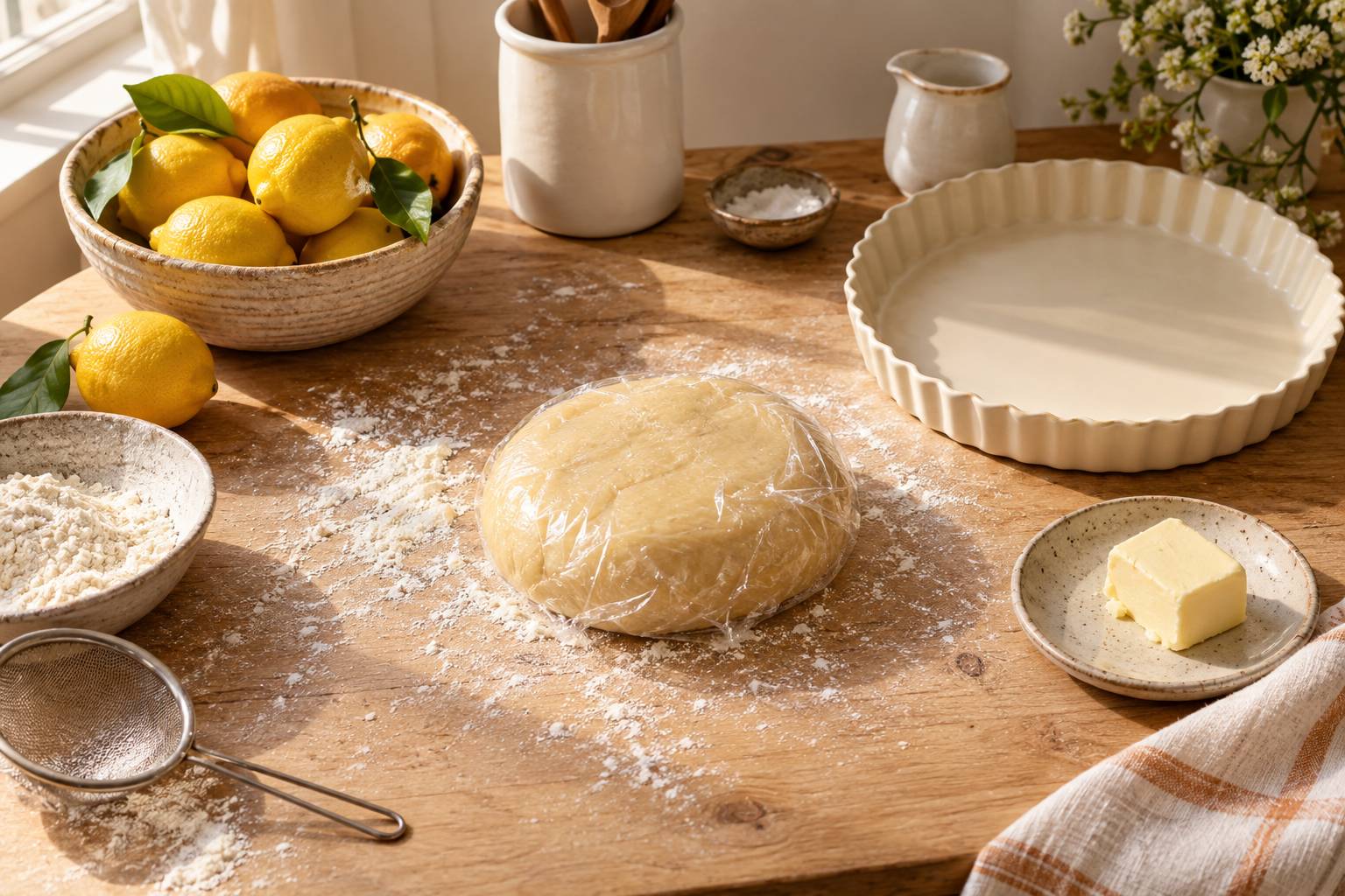 Atelier de patisserie avec boule de pate et moule a tarte