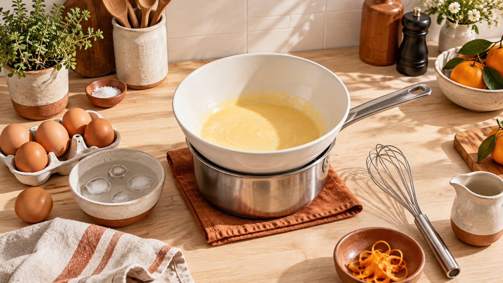 Saladier pose sur une casserole pour un bain-marie avec oeufs et fouet