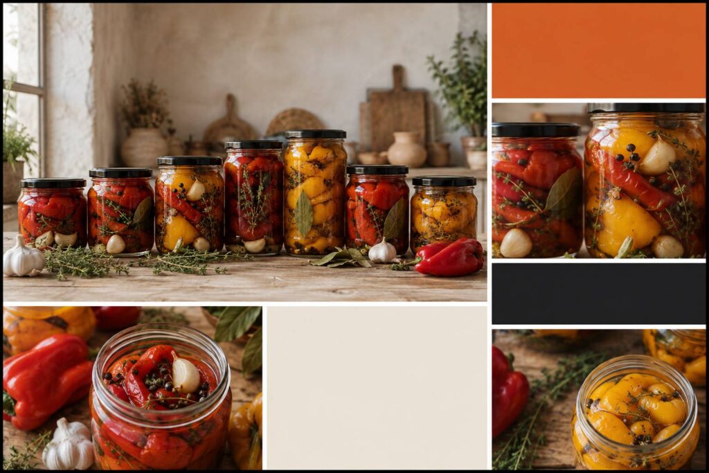 Vue large de bocaux en verre de poivrons rouges et jaunes confits au vinaigre et au sucre, alignés sur une tab