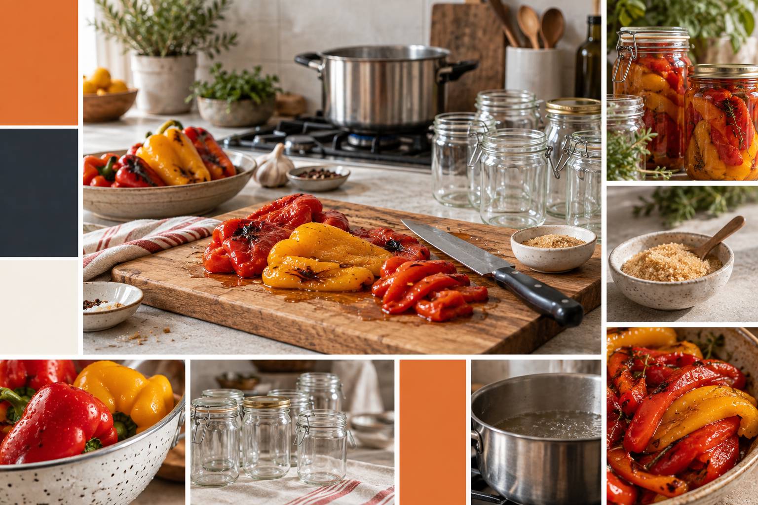 Vue large de poivrons rouges et jaunes rôtis et épluchés sur une planche en bois, couteau de cuisine et petite