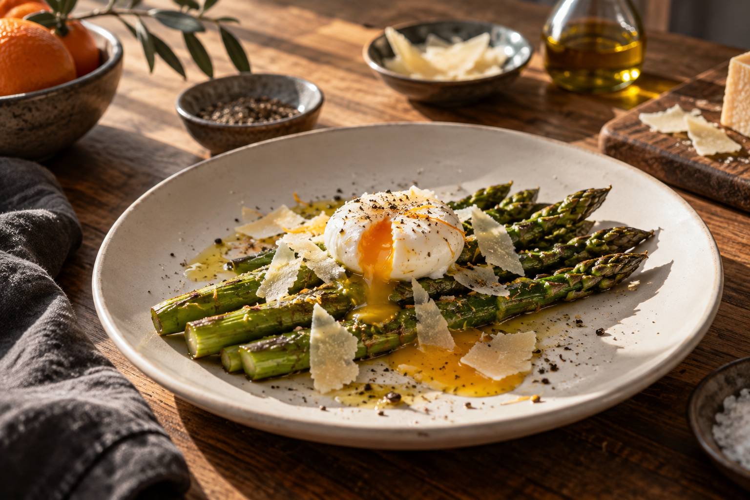 Pointes d'asperges vertes avec parmesan et œuf poché dans une assiette