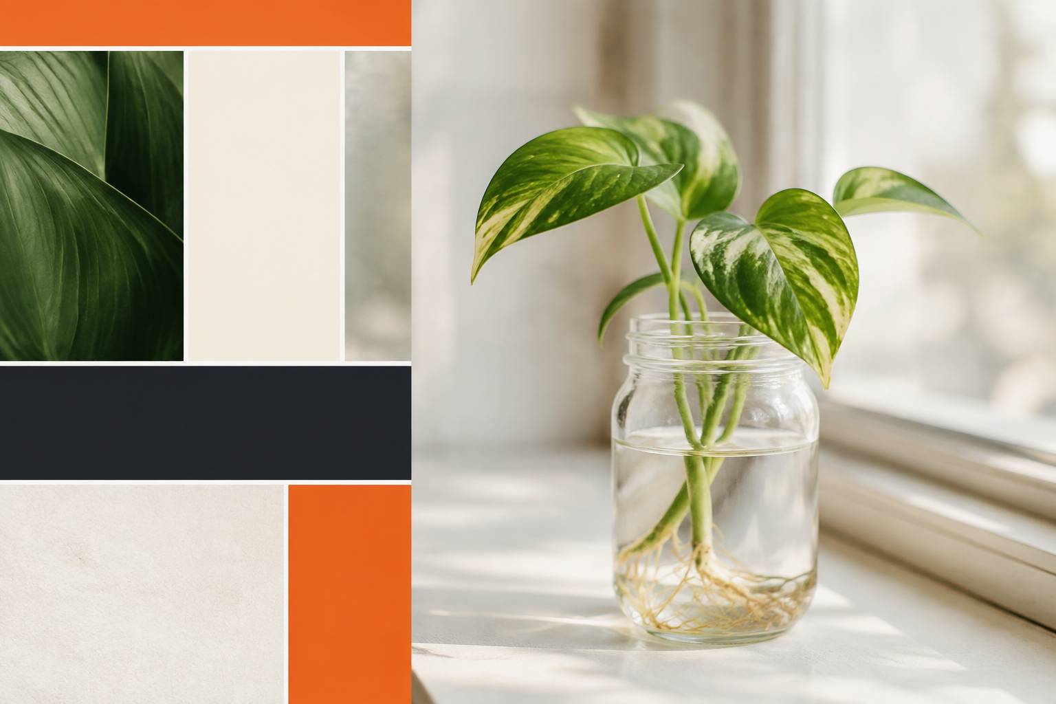 Bouture de pothos dans un bocal en verre avec racines visibles sur un rebord de fenêtre