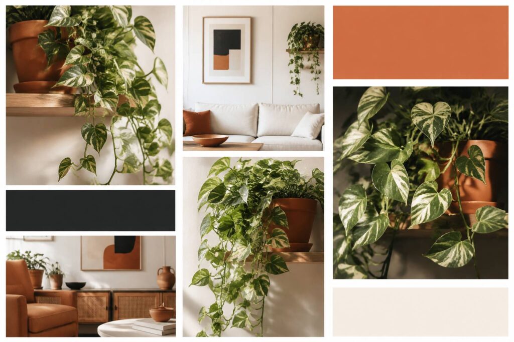 Plante Pothos retombante aux feuilles vertes panachées dans un pot en terre cuite