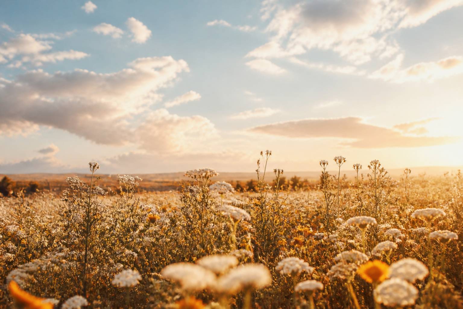Ciel lumineux aux nuages doux au-dessus d'un champ de fleurs sauvages