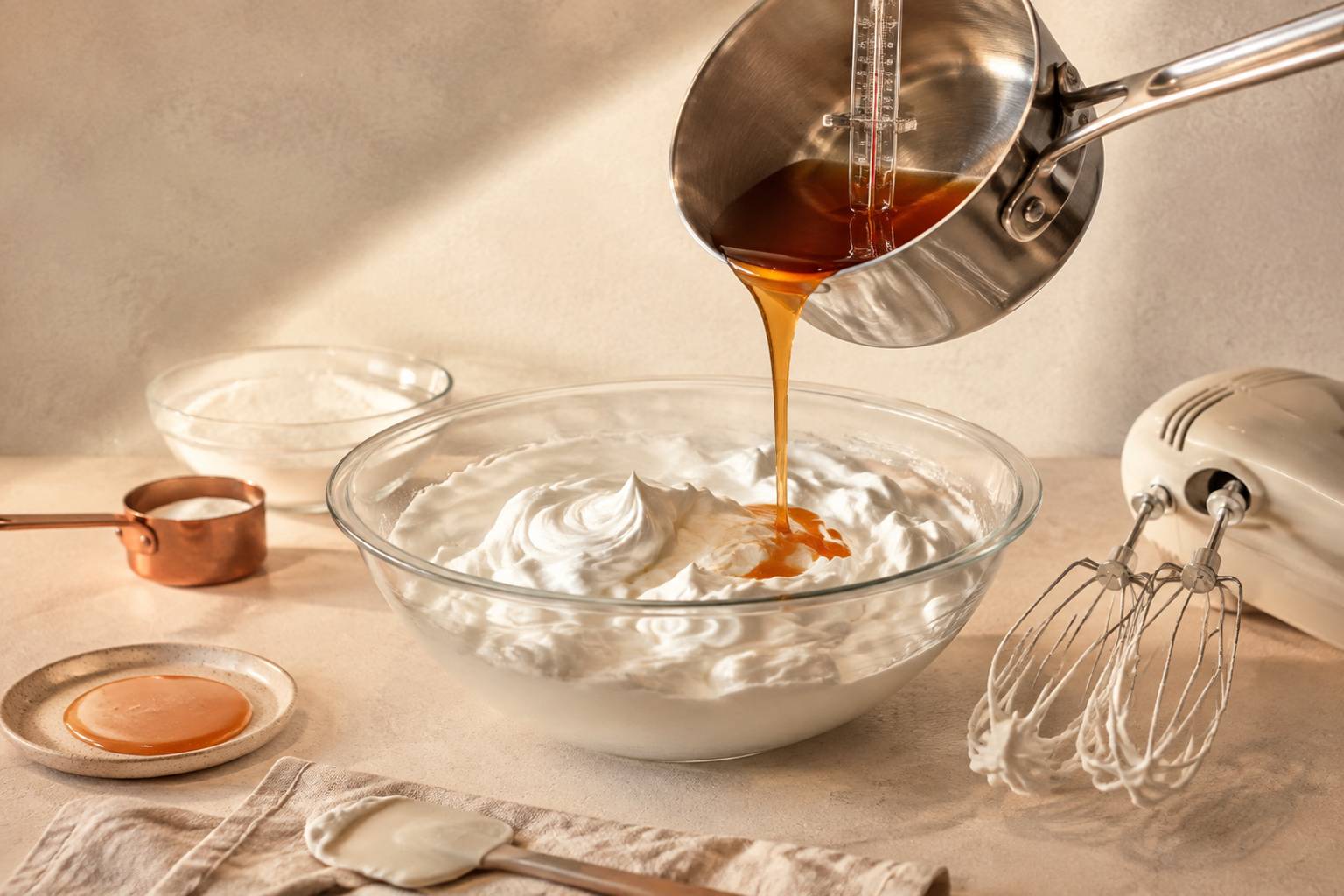 Préparation de marshmallows avec sirop, thermomètre et blancs montés