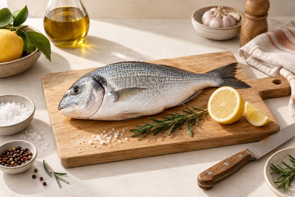 Poisson entier frais sur une planche avec citron et romarin