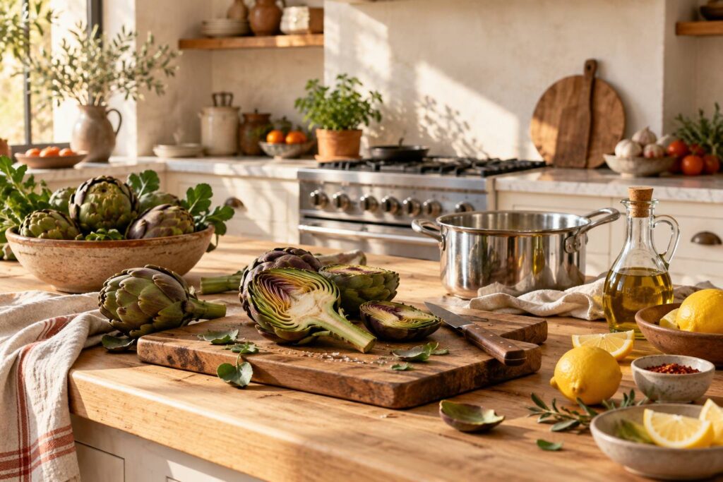Artichauts frais entiers et coupés sur une planche de cuisine italienne
