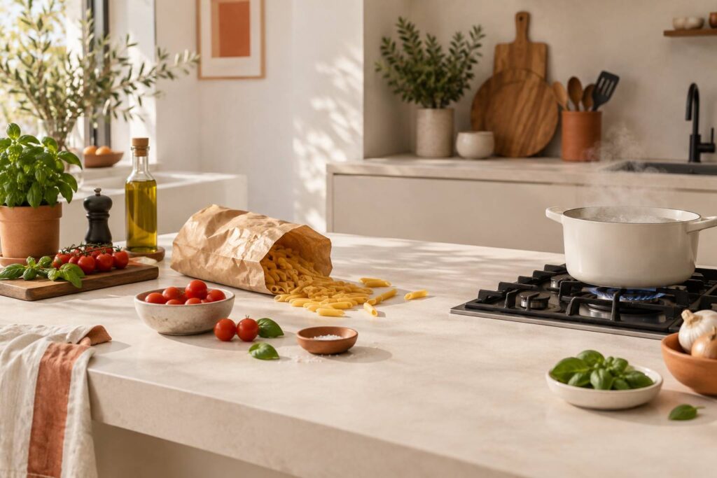 Paquet de pates de semoule avec tomates et basilic dans une cuisine lumineuse
