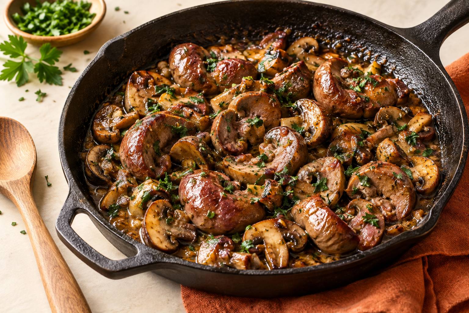 Poêlée de rognons et champignons dorés au beurre